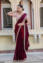 Monjolika Fashion Divine Maroon Satin Velvet Saree With Bewitching Blouse Piece | Grocsy
