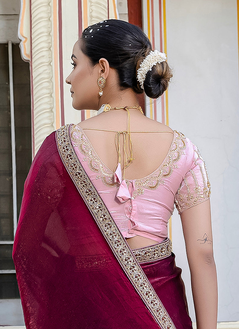 Monjolika Fashion Divine Maroon Satin Velvet Saree With Bewitching Blouse Piece | Grocsy