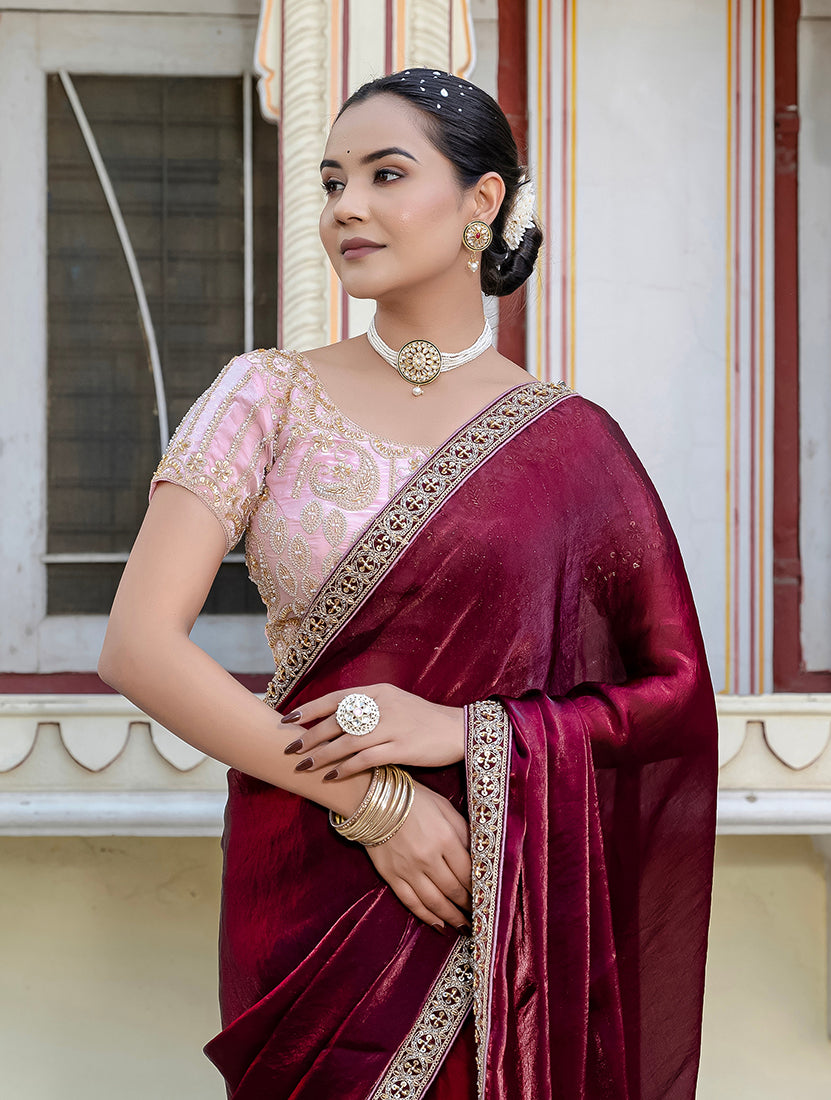 Monjolika Fashion Divine Maroon Satin Velvet Saree With Bewitching Blouse Piece | Grocsy