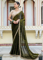 Monjolika Fashion Divine Mehendi Green Satin Velvet Saree With Bewitching Blouse Piece | Grocsy