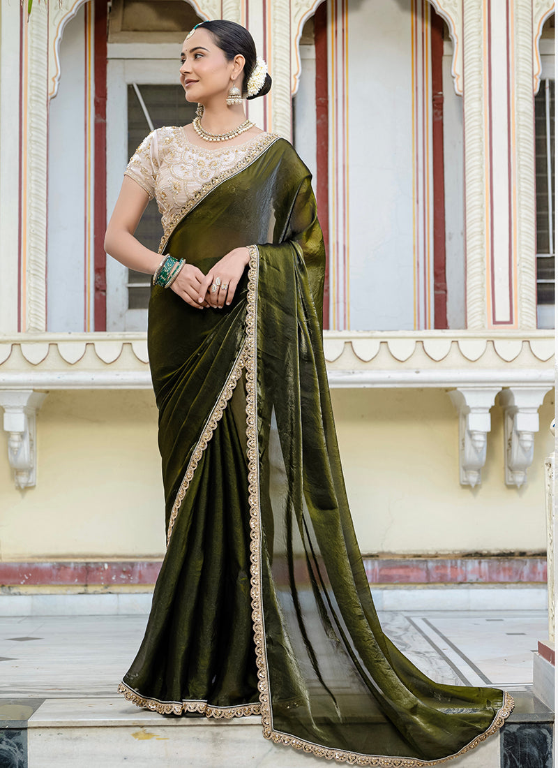 Monjolika Fashion Divine Mehendi Green Satin Velvet Saree With Bewitching Blouse Piece | Grocsy