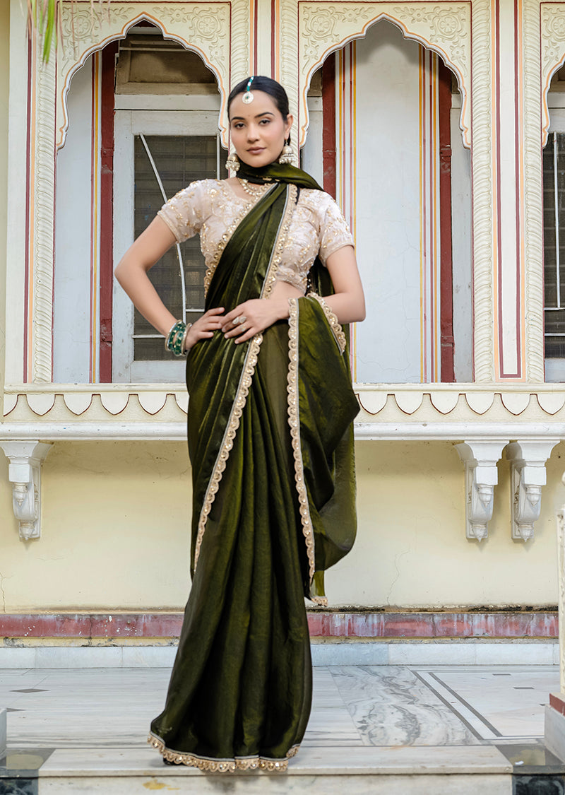 Monjolika Fashion Divine Mehendi Green Satin Velvet Saree With Bewitching Blouse Piece | Grocsy