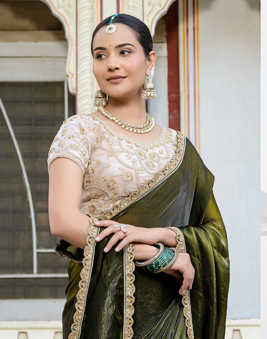 Monjolika Fashion Divine Mehendi Green Satin Velvet Saree With Bewitching Blouse Piece | Grocsy