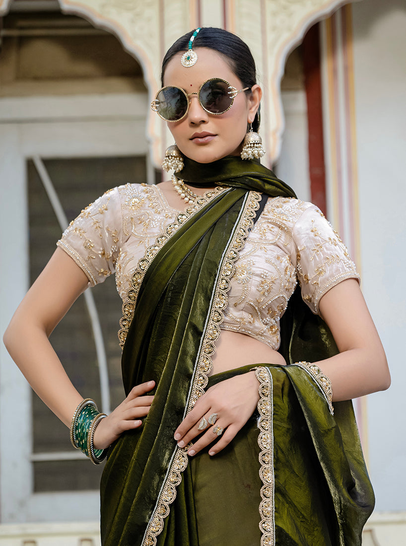 Monjolika Fashion Divine Mehendi Green Satin Velvet Saree With Bewitching Blouse Piece | Grocsy