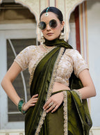 Monjolika Fashion Divine Mehendi Green Satin Velvet Saree With Bewitching Blouse Piece | Grocsy