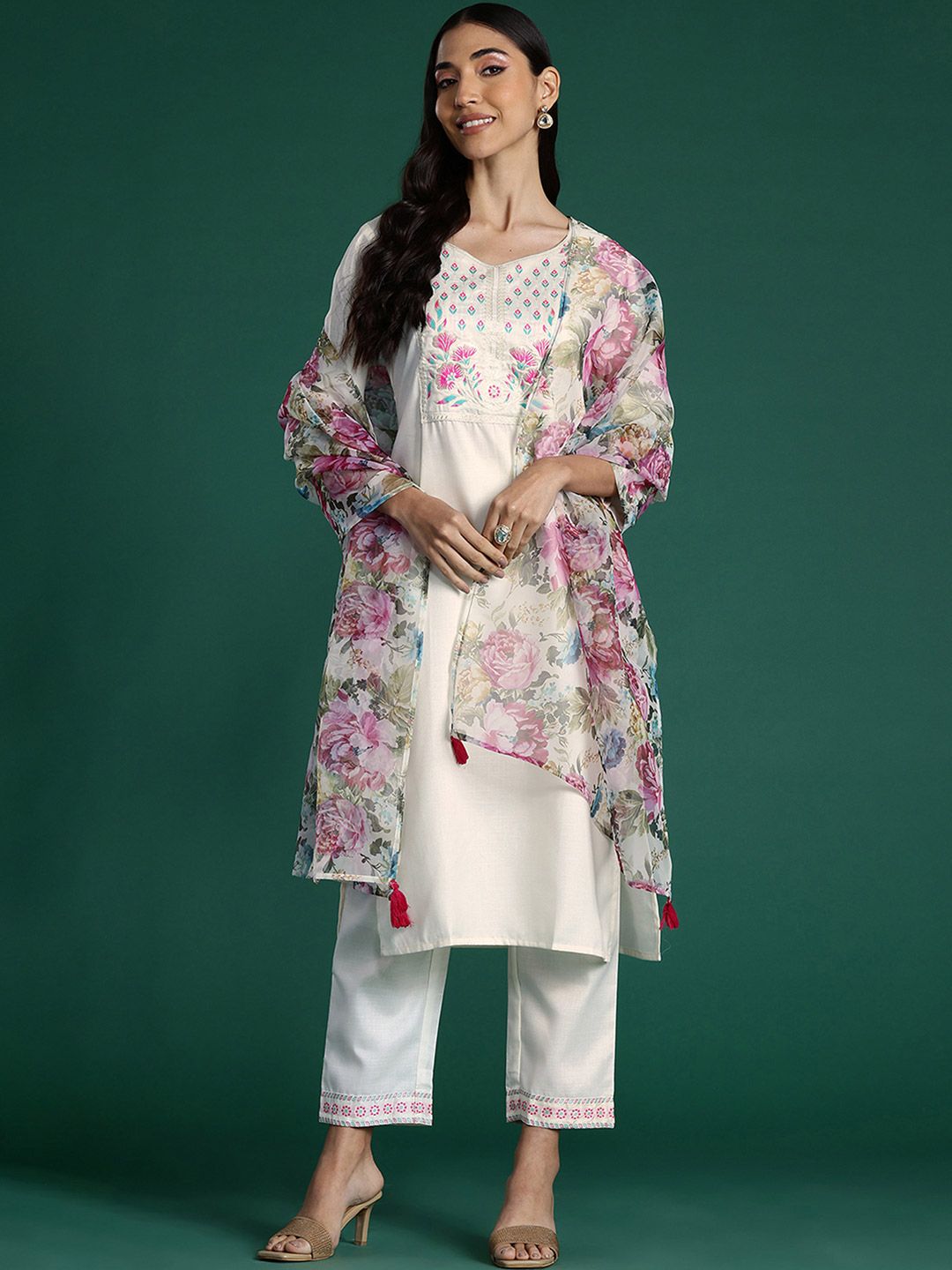 Indo Era Women Floral Yoke Design Regular Thread Work Pure Cotton Kurta with Trousers & With Dupatta | Grocsy