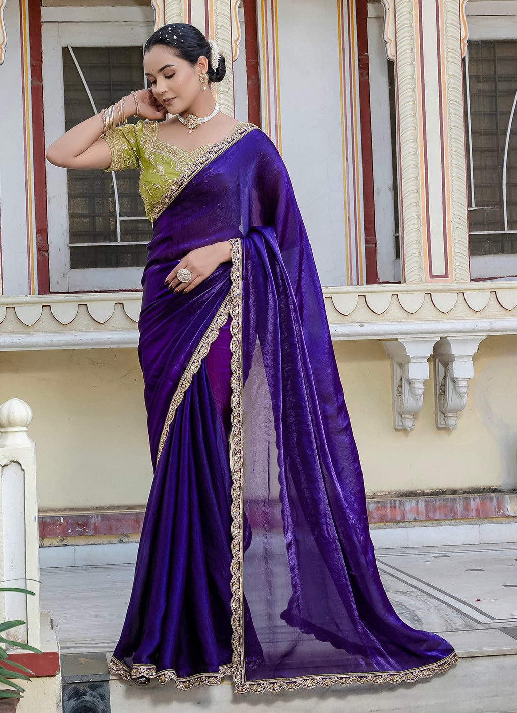 Monjolika Fashion Divine Blue Satin Velvet Saree With Bewitching Blouse Piece | Grocsy