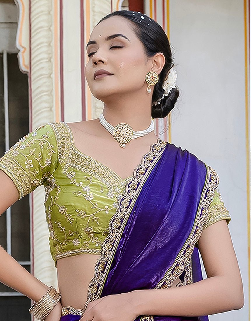 Monjolika Fashion Divine Blue Satin Velvet Saree With Bewitching Blouse Piece | Grocsy