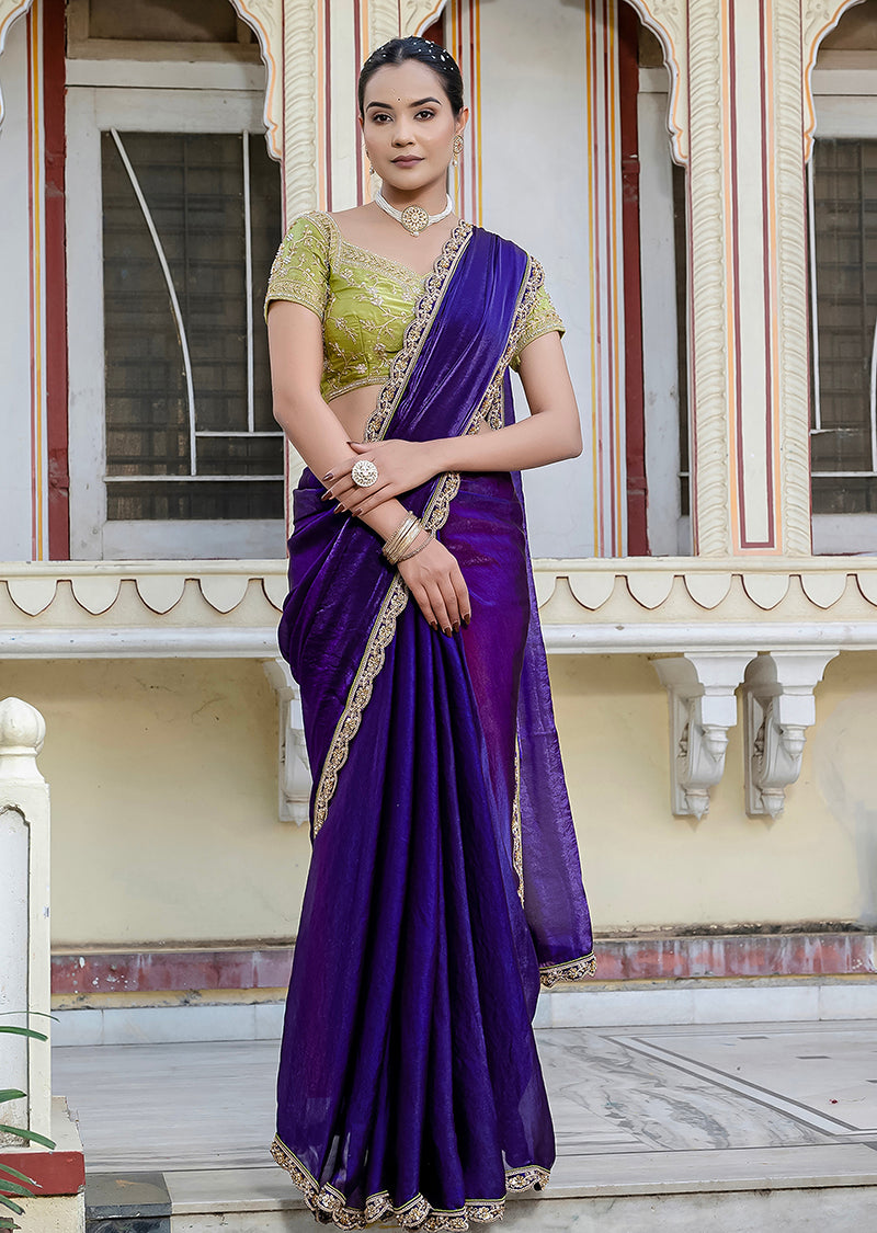 Monjolika Fashion Divine Blue Satin Velvet Saree With Bewitching Blouse Piece | Grocsy