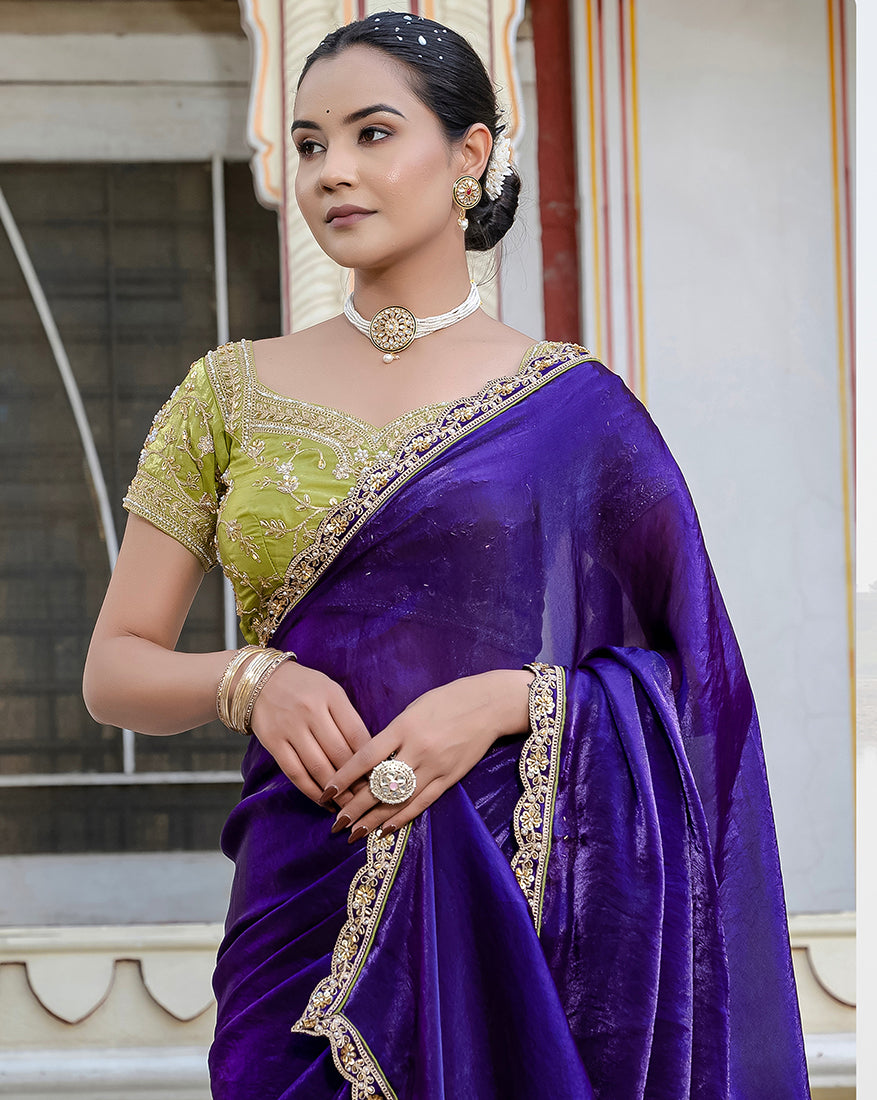 Monjolika Fashion Divine Blue Satin Velvet Saree With Bewitching Blouse Piece | Grocsy