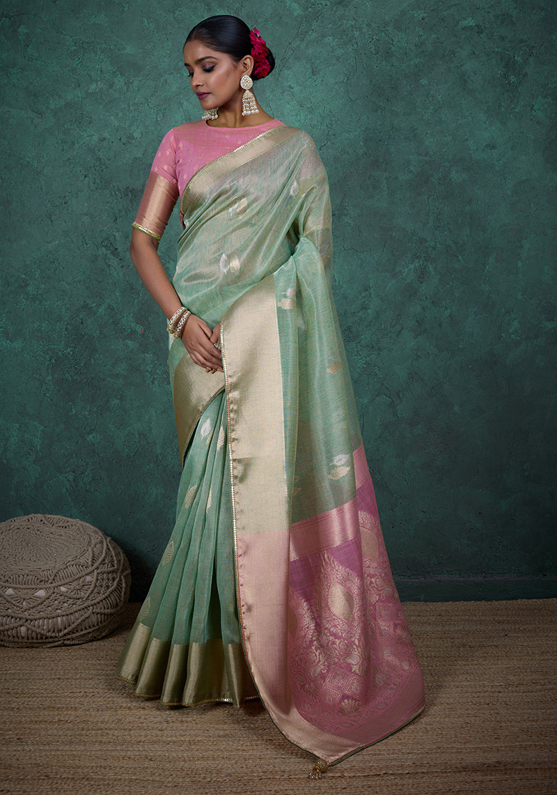 Monjolika Fashion A Glam Light Blue Linen Blend Woven Sequin Work Saree | Grocsy