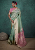Monjolika Fashion A Glam Light Blue Linen Blend Woven Sequin Work Saree | Grocsy