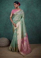 Monjolika Fashion A Glam Light Blue Linen Blend Woven Sequin Work Saree | Grocsy
