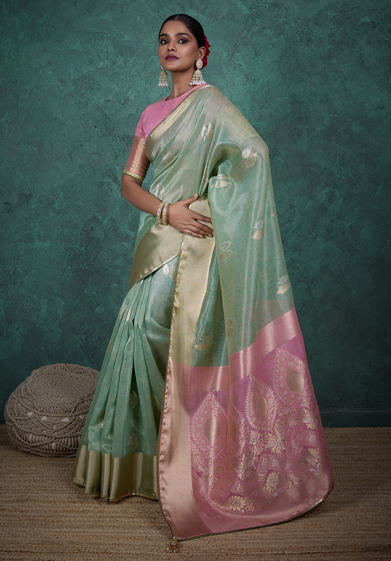 Monjolika Fashion A Glam Light Blue Linen Blend Woven Sequin Work Saree | Grocsy
