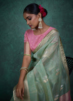 Monjolika Fashion A Glam Light Blue Linen Blend Woven Sequin Work Saree | Grocsy