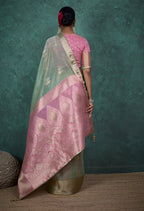 Monjolika Fashion A Glam Light Blue Linen Blend Woven Sequin Work Saree | Grocsy