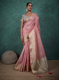 Monjolika Fashion A Glam Light Pink Linen Blend Woven Sequin Work Saree | Grocsy