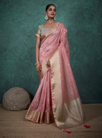 Monjolika Fashion A Glam Light Pink Linen Blend Woven Sequin Work Saree | Grocsy