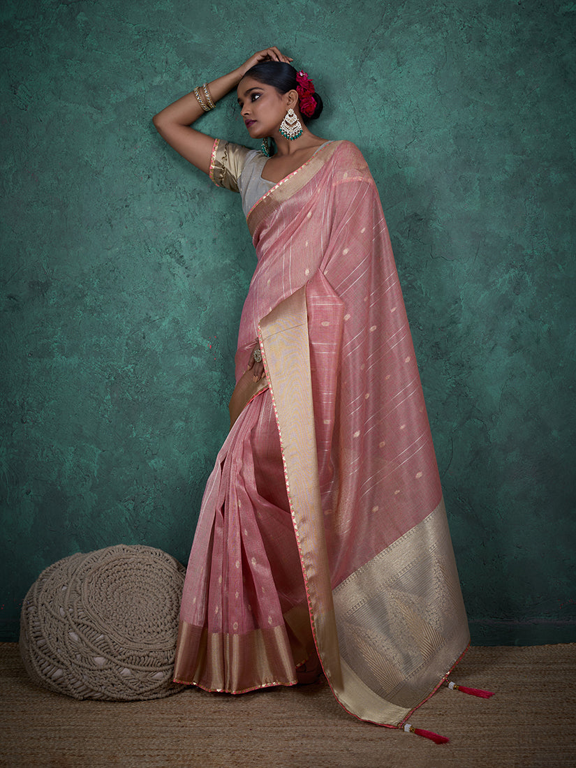 Monjolika Fashion A Glam Light Pink Linen Blend Woven Sequin Work Saree | Grocsy