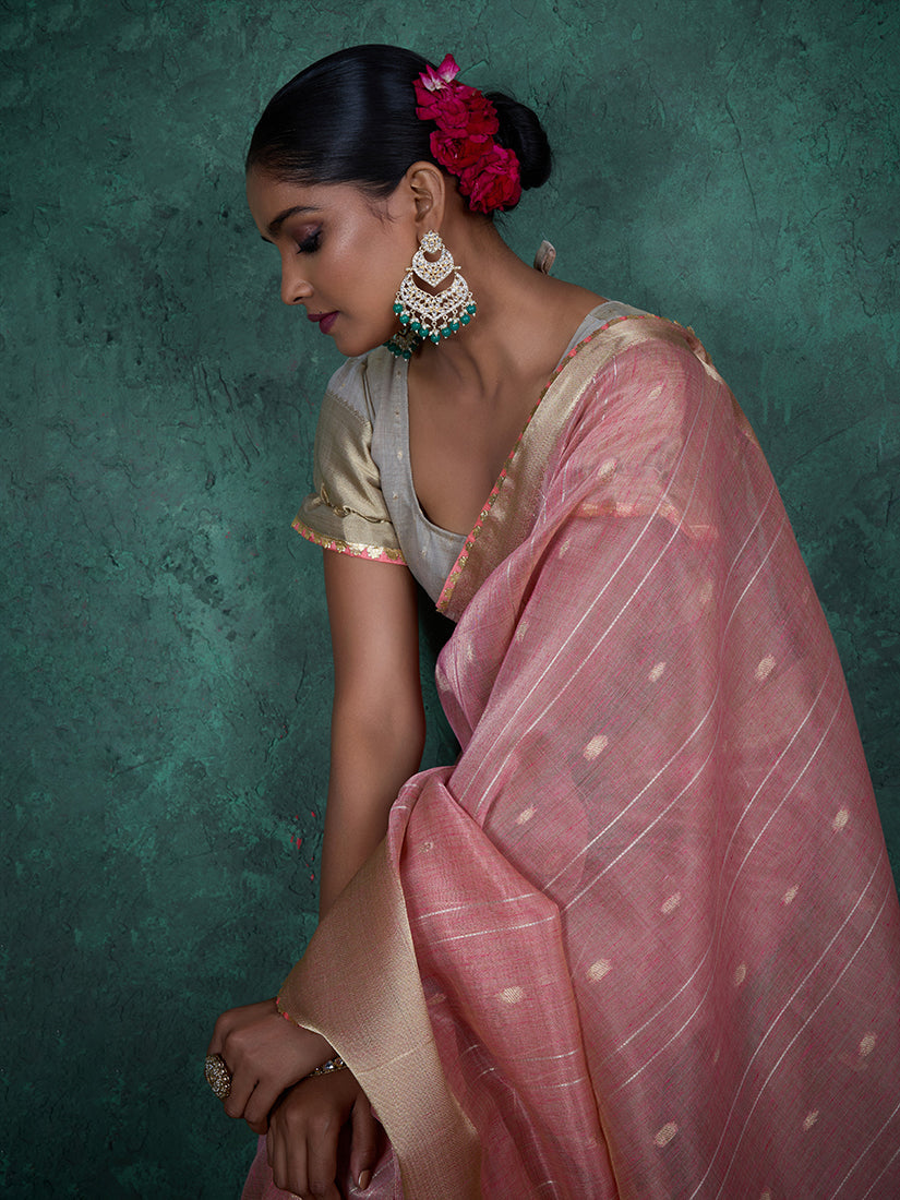 Monjolika Fashion A Glam Light Pink Linen Blend Woven Sequin Work Saree | Grocsy