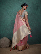 Monjolika Fashion A Glam Light Pink Linen Blend Woven Sequin Work Saree | Grocsy