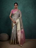 Monjolika Fashion A Glam Light Grey Linen Blend Woven Sequin Work Saree | Grocsy
