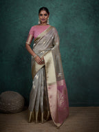 Monjolika Fashion A Glam Light Grey Linen Blend Woven Sequin Work Saree | Grocsy
