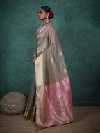 Monjolika Fashion A Glam Light Grey Linen Blend Woven Sequin Work Saree | Grocsy