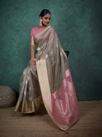 Monjolika Fashion A Glam Light Grey Linen Blend Woven Sequin Work Saree | Grocsy