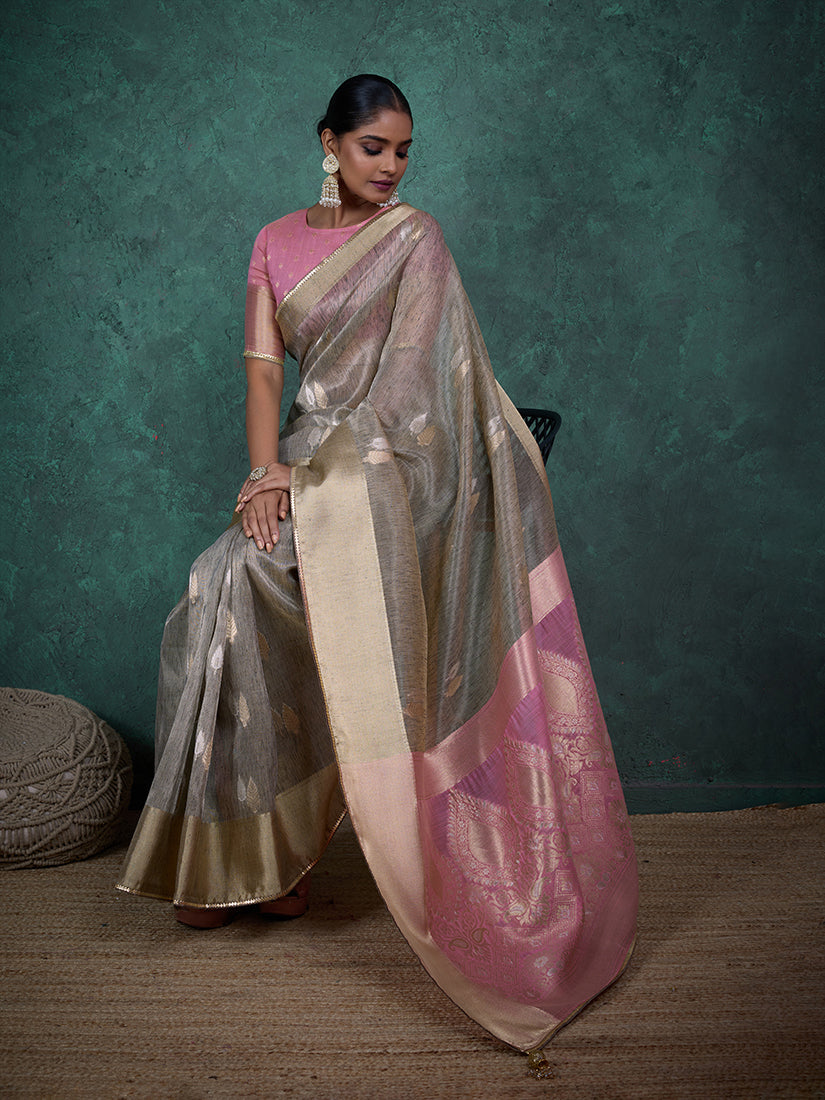 Monjolika Fashion A Glam Light Grey Linen Blend Woven Sequin Work Saree | Grocsy