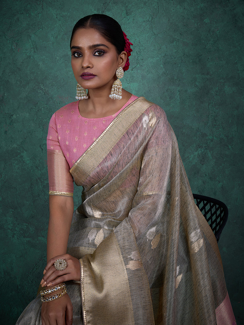Monjolika Fashion A Glam Light Grey Linen Blend Woven Sequin Work Saree | Grocsy