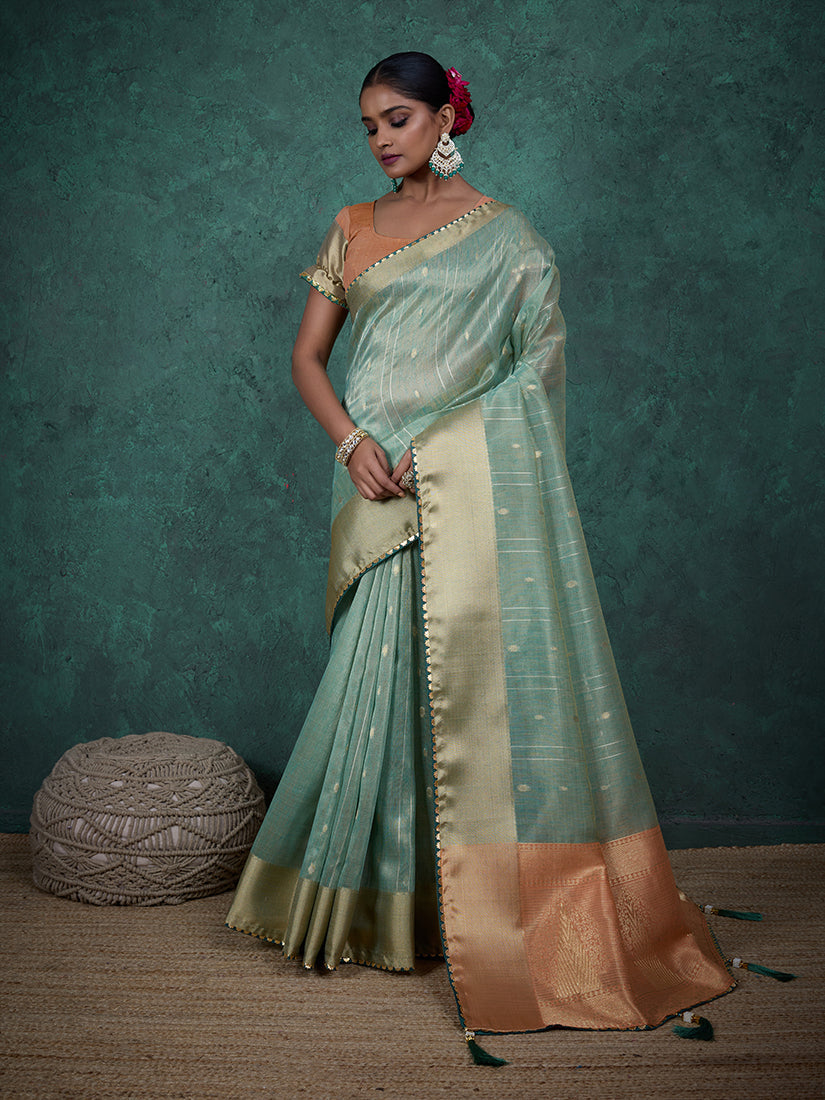Monjolika Fashion A Glam Sky Blue Linen Blend Woven Sequin Work Saree | Grocsy