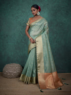 Monjolika Fashion A Glam Sky Blue Linen Blend Woven Sequin Work Saree | Grocsy