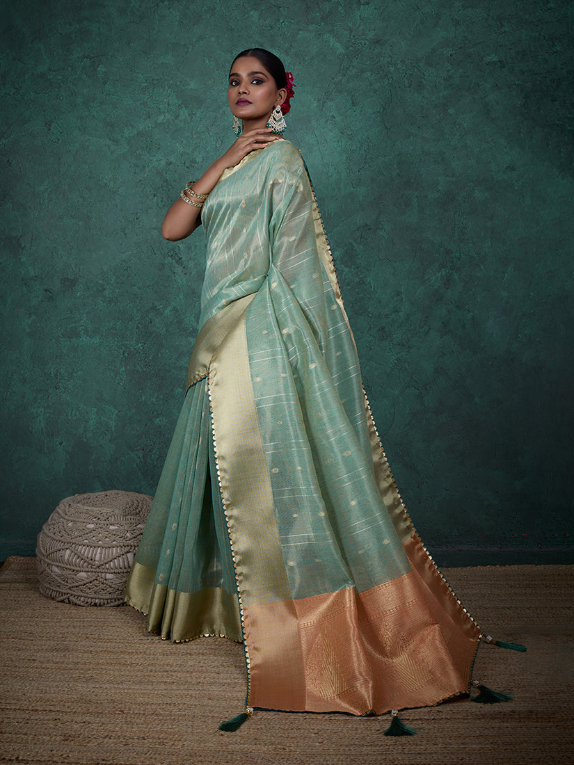 Monjolika Fashion A Glam Sky Blue Linen Blend Woven Sequin Work Saree | Grocsy