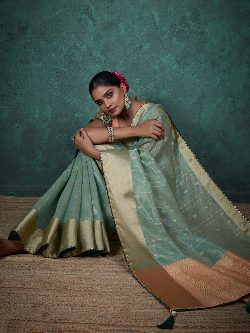 Monjolika Fashion A Glam Sky Blue Linen Blend Woven Sequin Work Saree | Grocsy