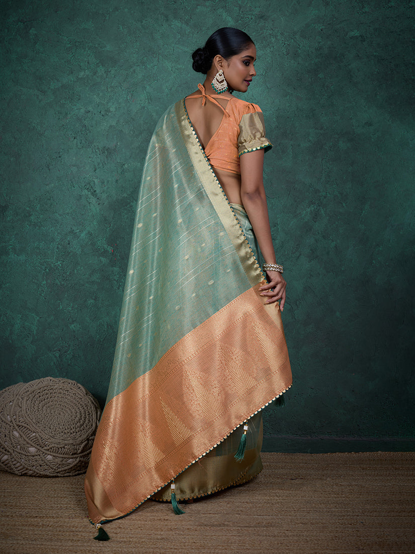 Monjolika Fashion A Glam Sky Blue Linen Blend Woven Sequin Work Saree | Grocsy