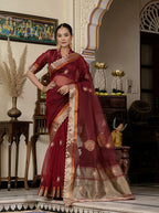 Monjolika Fashion Maroon Color Cutdana Work Kota Linen Stylish Saree | Grocsy