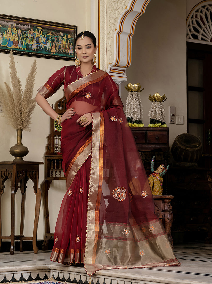 Monjolika Fashion Maroon Color Cutdana Work Kota Linen Stylish Saree | Grocsy