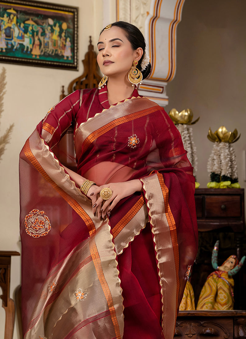 Monjolika Fashion Maroon Color Cutdana Work Kota Linen Stylish Saree | Grocsy