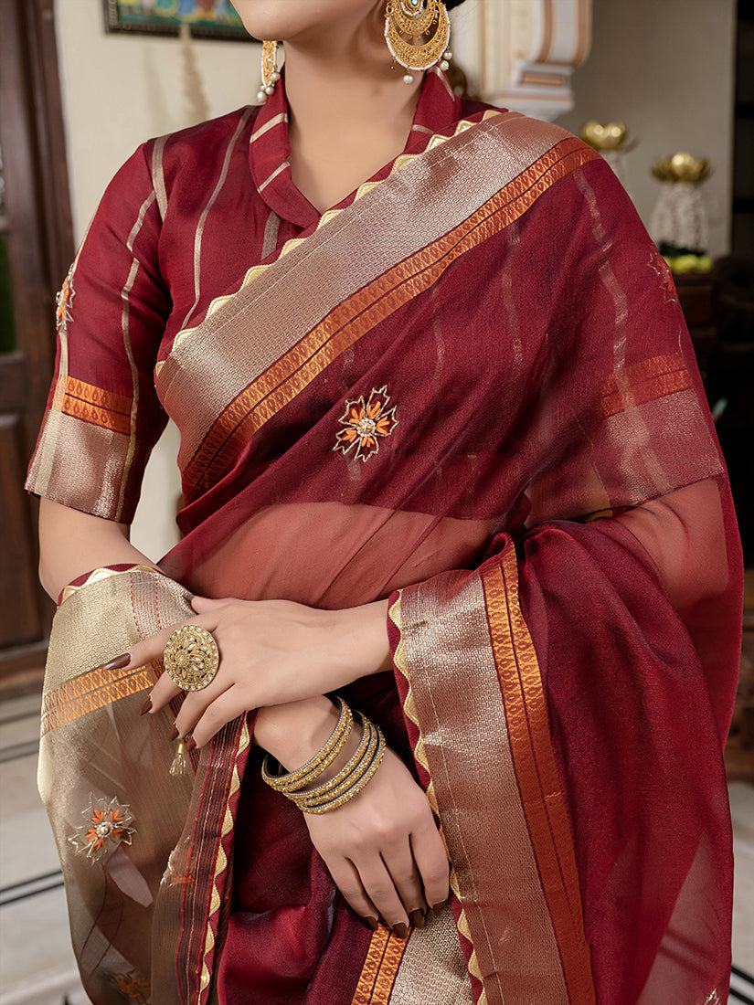 Monjolika Fashion Maroon Color Cutdana Work Kota Linen Stylish Saree | Grocsy