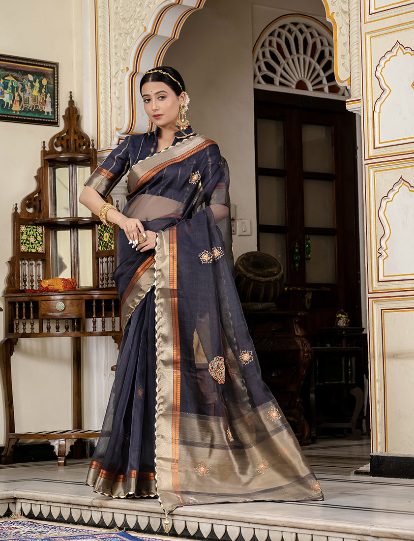 Monjolika Fashion Navy Blue Color Cutdana Work Kota Linen Stylish Saree | Grocsy