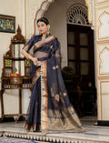 Monjolika Fashion Navy Blue Color Cutdana Work Kota Linen Stylish Saree | Grocsy