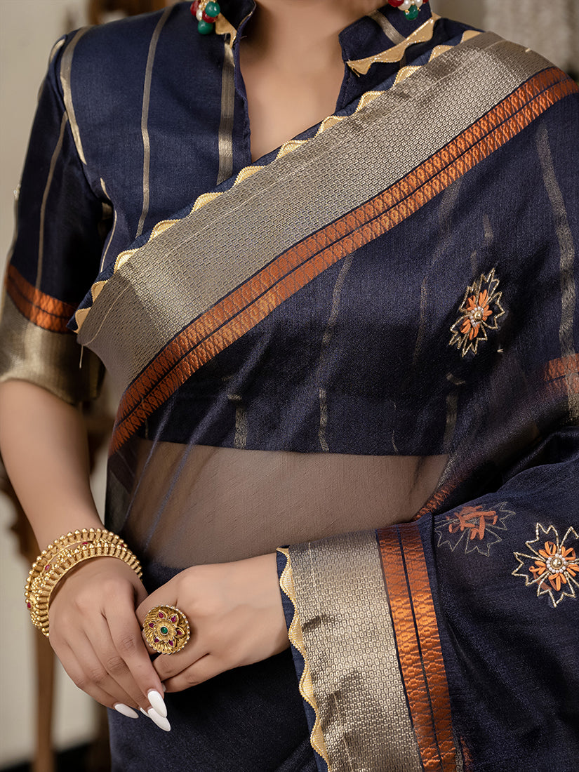 Monjolika Fashion Navy Blue Color Cutdana Work Kota Linen Stylish Saree | Grocsy