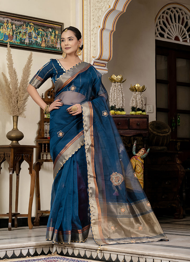 Monjolika Fashion Teal Blue Color Cutdana Work Kota Linen Stylish Saree | Grocsy