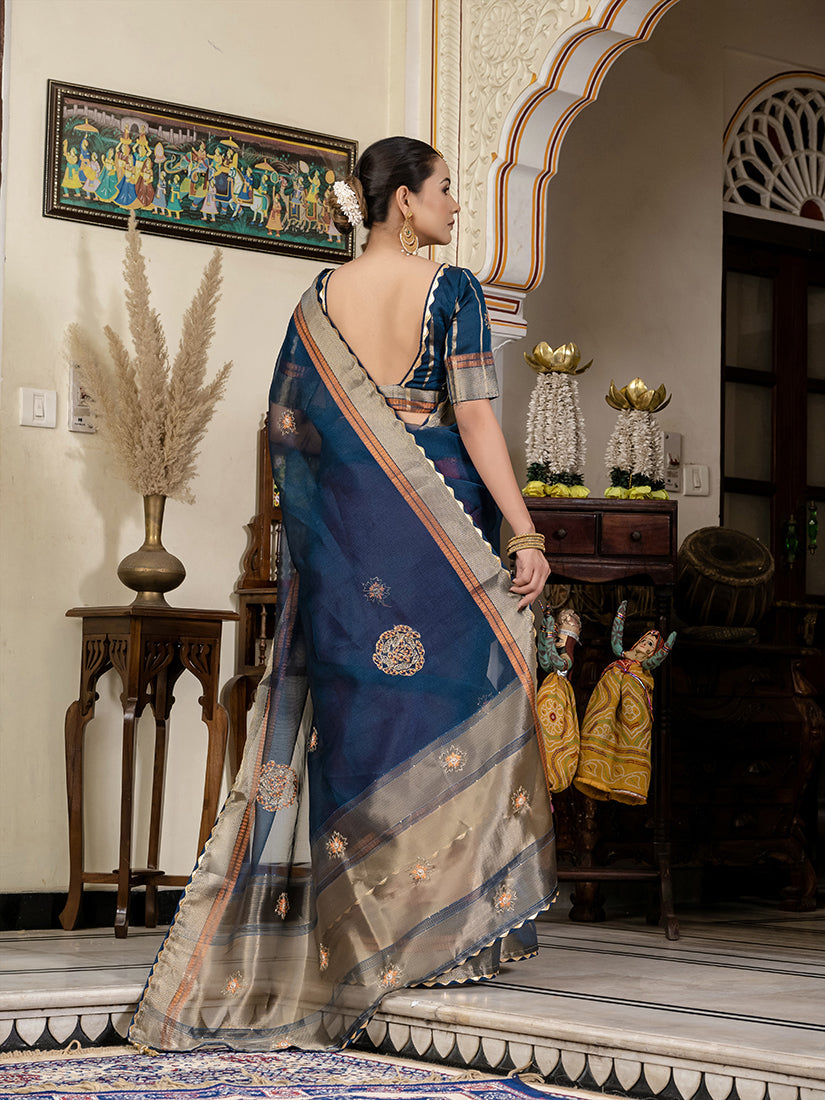Monjolika Fashion Teal Blue Color Cutdana Work Kota Linen Stylish Saree | Grocsy