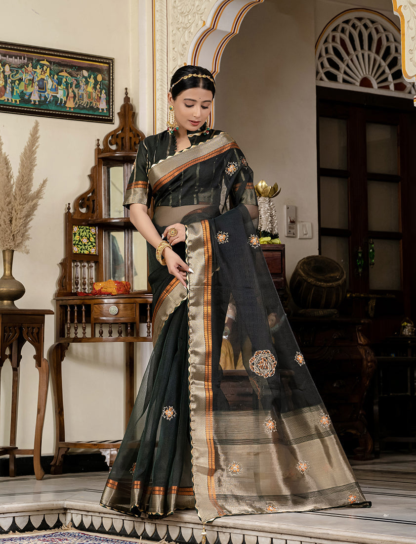 Monjolika Fashion Dark Green Color Cutdana Work Kota Linen Stylish Saree | Grocsy