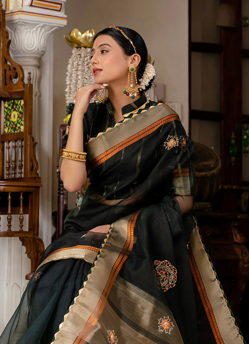 Monjolika Fashion Dark Green Color Cutdana Work Kota Linen Stylish Saree | Grocsy