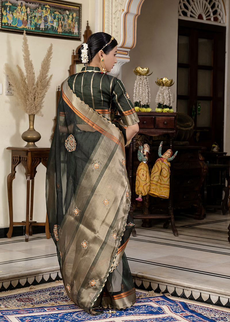 Monjolika Fashion Dark Green Color Cutdana Work Kota Linen Stylish Saree | Grocsy