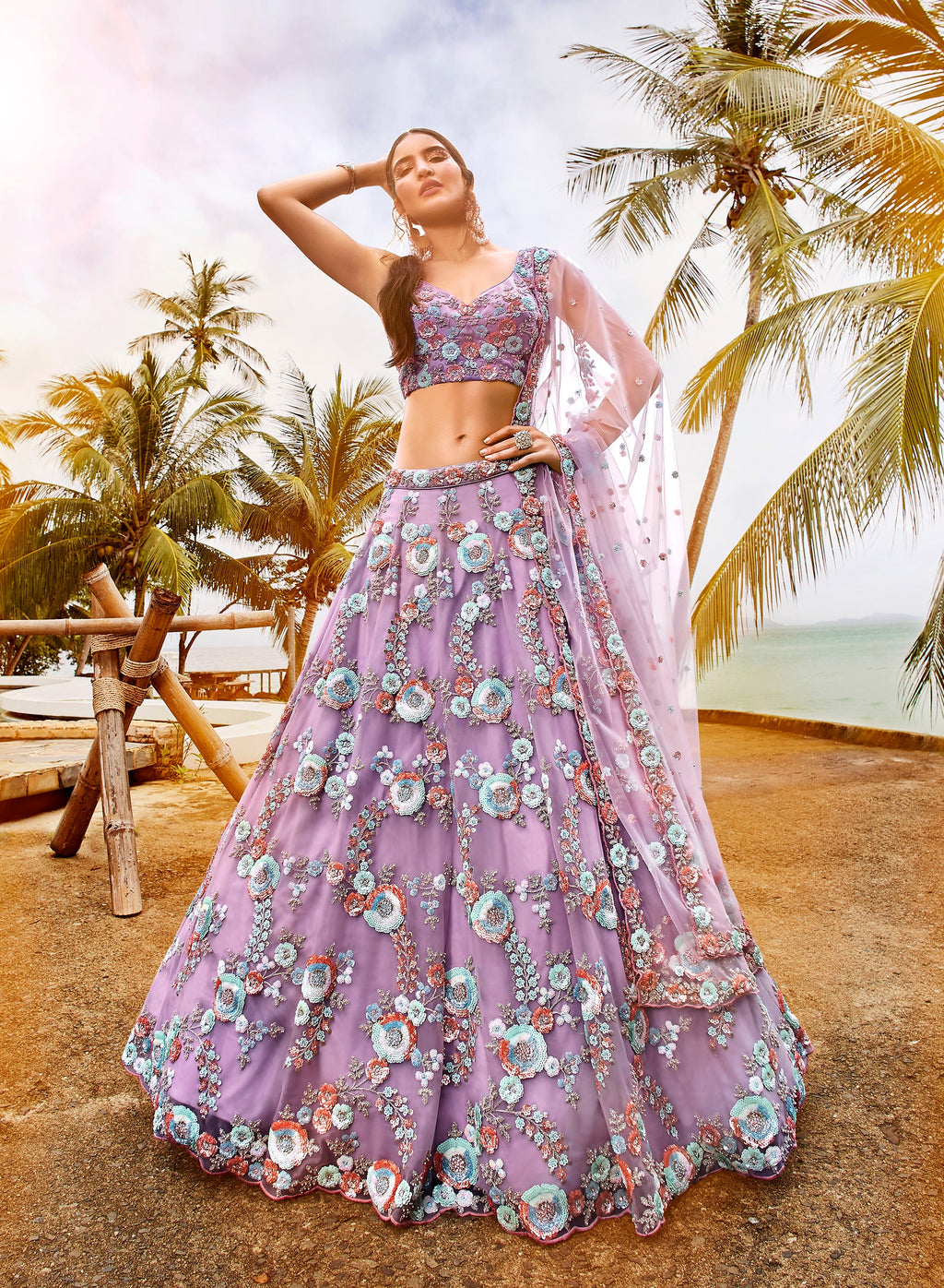 House of Panchhi Mauve Net Sequins & Zarkan Embroidery Lehenga Choli & Dupatta | Grocsy
