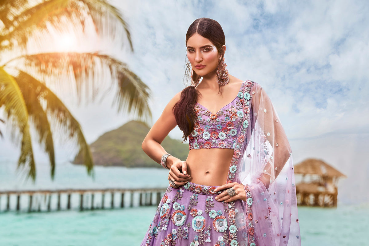 House of Panchhi Mauve Net Sequins & Zarkan Embroidery Lehenga Choli & Dupatta | Grocsy